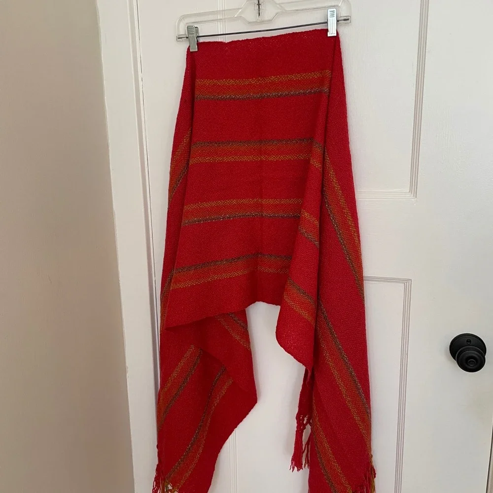 Red Woven Scarf Shawl Fringe Striped‎ Accent